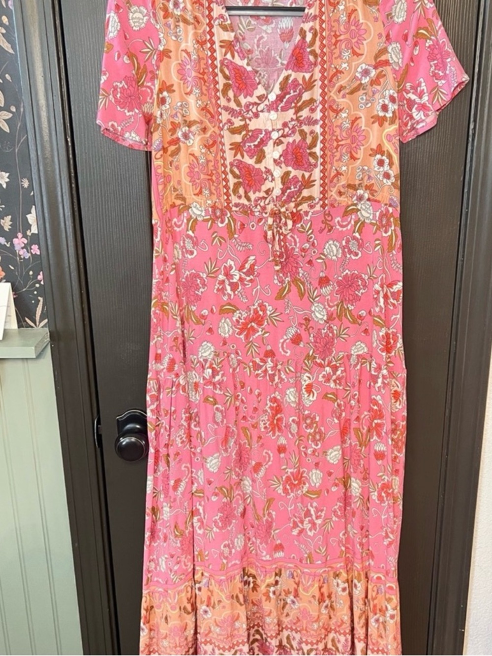 Pink Floral Maxi Dress with Lace Trim